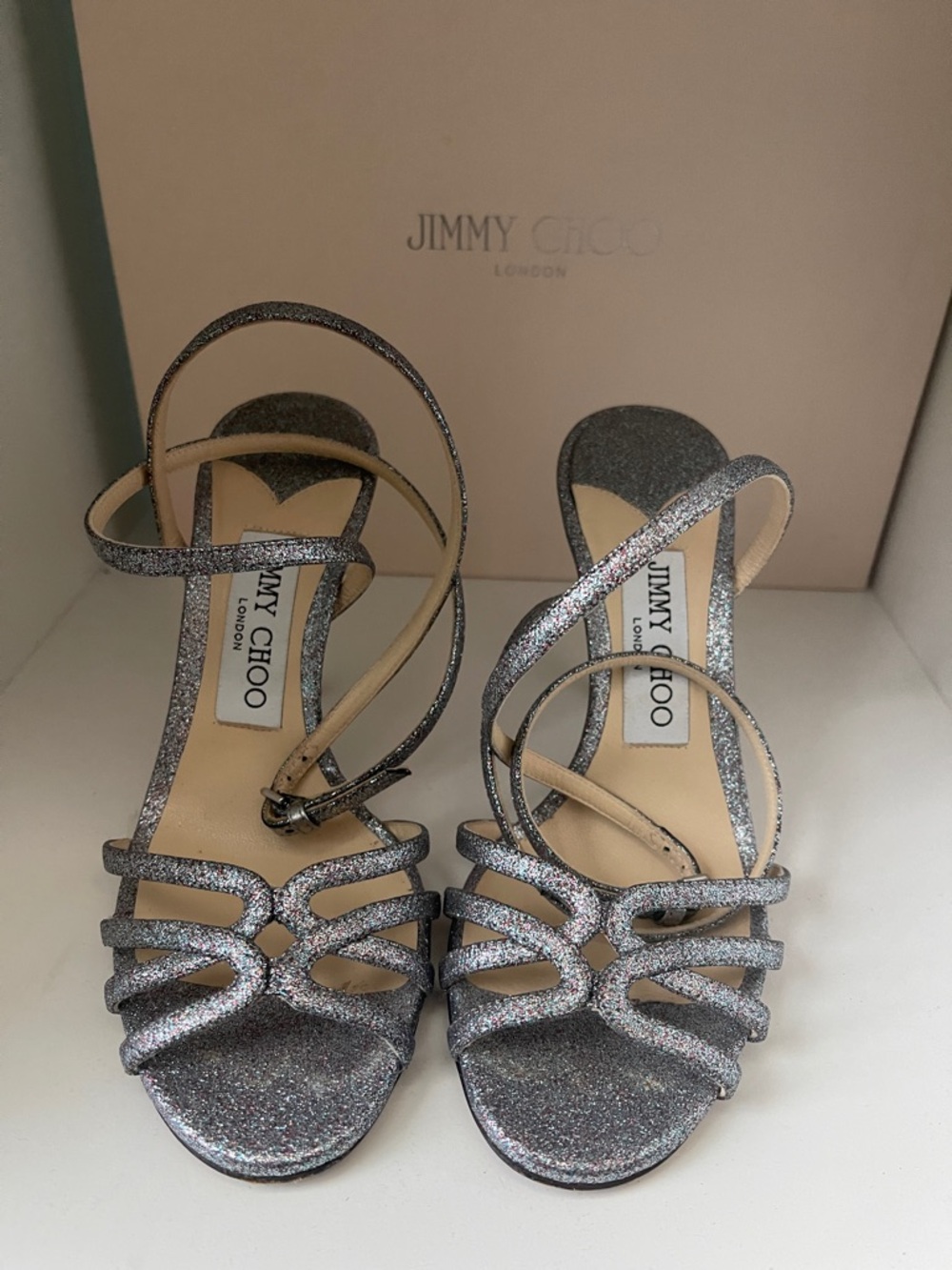 Worn once Jimmy Choo Silver Glitter Heels with Strappy Design